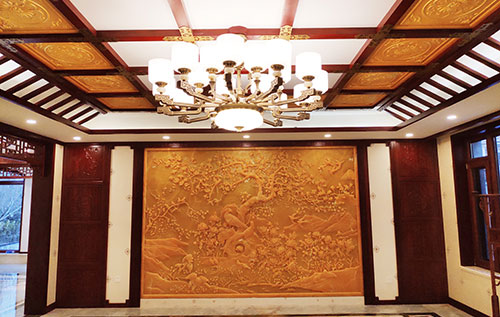 江西中式别墅客厅中式木作横梁吊顶装饰展示