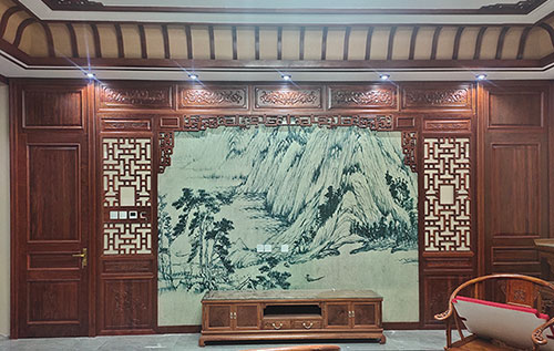 江西中式仿古别墅客厅背景墙花格木作装饰
